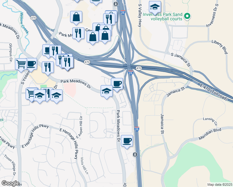 map of restaurants, bars, coffee shops, grocery stores, and more near 10083 Park Meadows Drive in Lone Tree