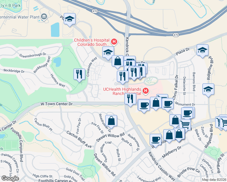 map of restaurants, bars, coffee shops, grocery stores, and more near 1728 Shea Center Drive in Highlands Ranch