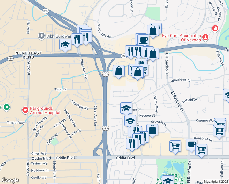 map of restaurants, bars, coffee shops, grocery stores, and more near 2777 Northtowne Lane in Reno
