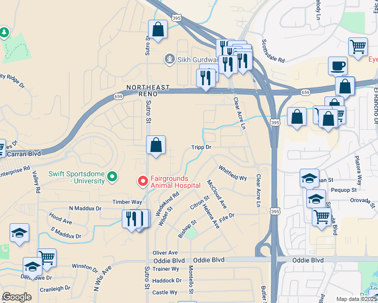 map of restaurants, bars, coffee shops, grocery stores, and more near 2095 Highview Court in Reno