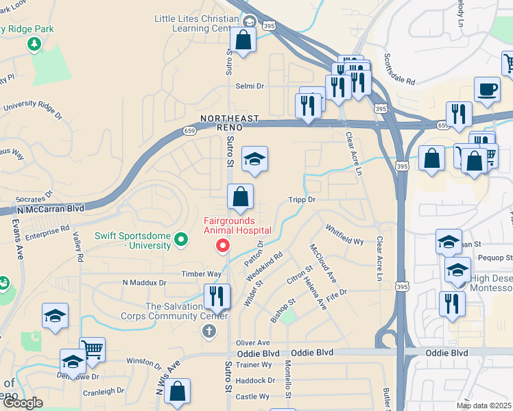 map of restaurants, bars, coffee shops, grocery stores, and more near 2530 Sutro Street in Reno
