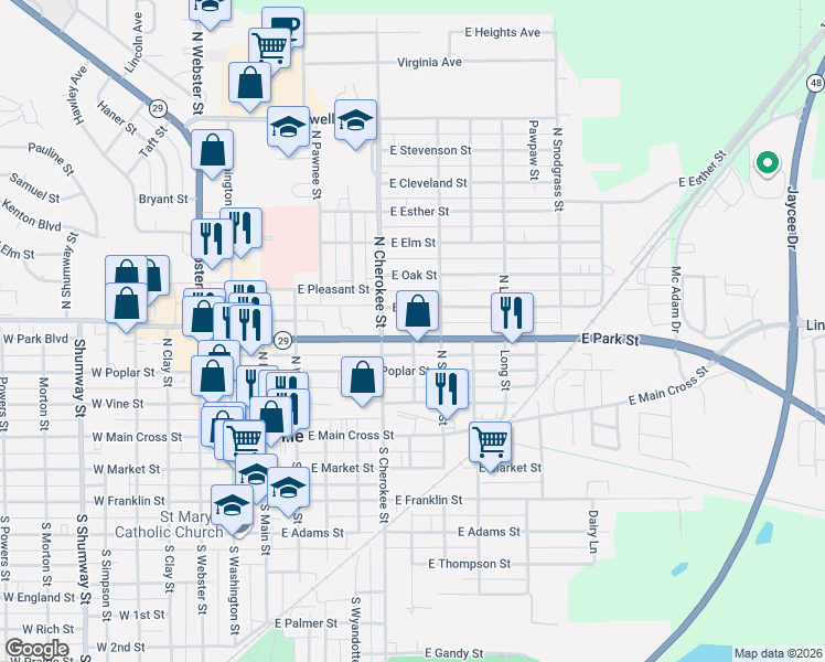 map of restaurants, bars, coffee shops, grocery stores, and more near 602 East Park Street in Taylorville