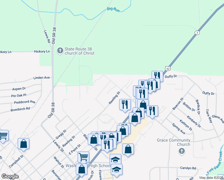 map of restaurants, bars, coffee shops, grocery stores, and more near 2130 Jenny Lane in Washington Court House