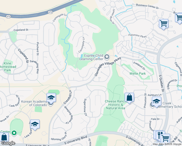 map of restaurants, bars, coffee shops, grocery stores, and more near 32 Shetland Court in Littleton