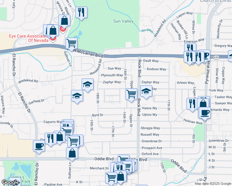 map of restaurants, bars, coffee shops, grocery stores, and more near 1633 London Circle in Sparks