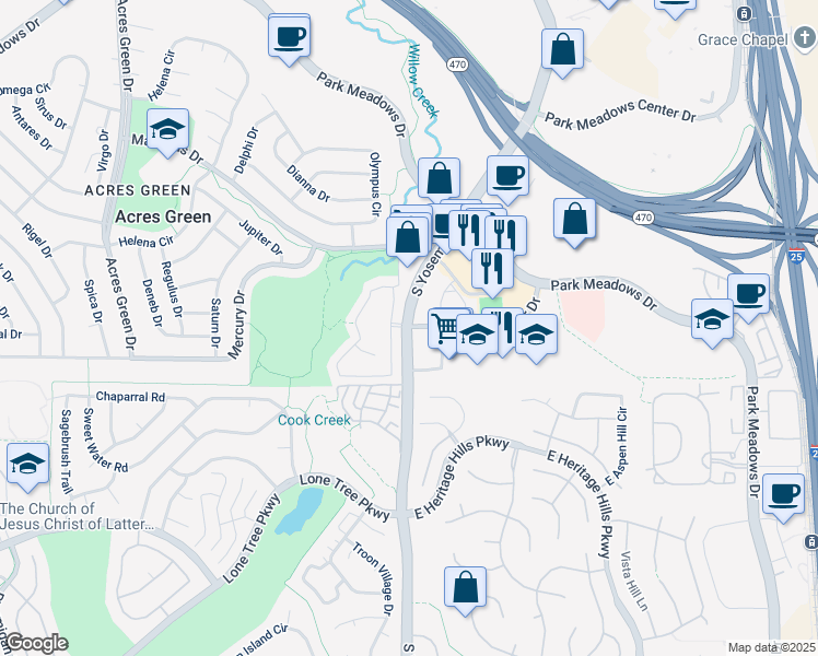 map of restaurants, bars, coffee shops, grocery stores, and more near South Yosemite Street & Kimmer Drive in Lone Tree