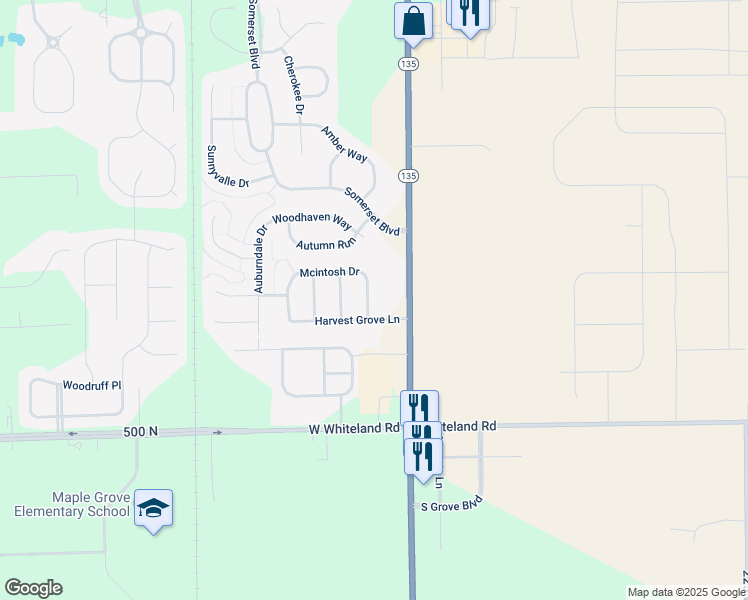 map of restaurants, bars, coffee shops, grocery stores, and more near 5525 Breaburn Road in Bargersville