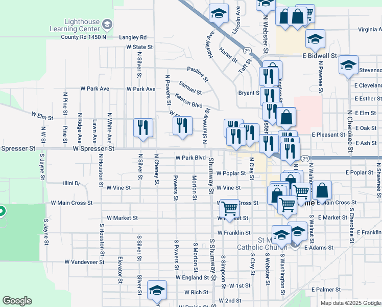 map of restaurants, bars, coffee shops, grocery stores, and more near 812 West Park Boulevard in Taylorville