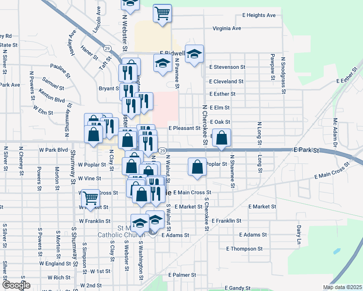 map of restaurants, bars, coffee shops, grocery stores, and more near 308 East Park Street in Taylorville