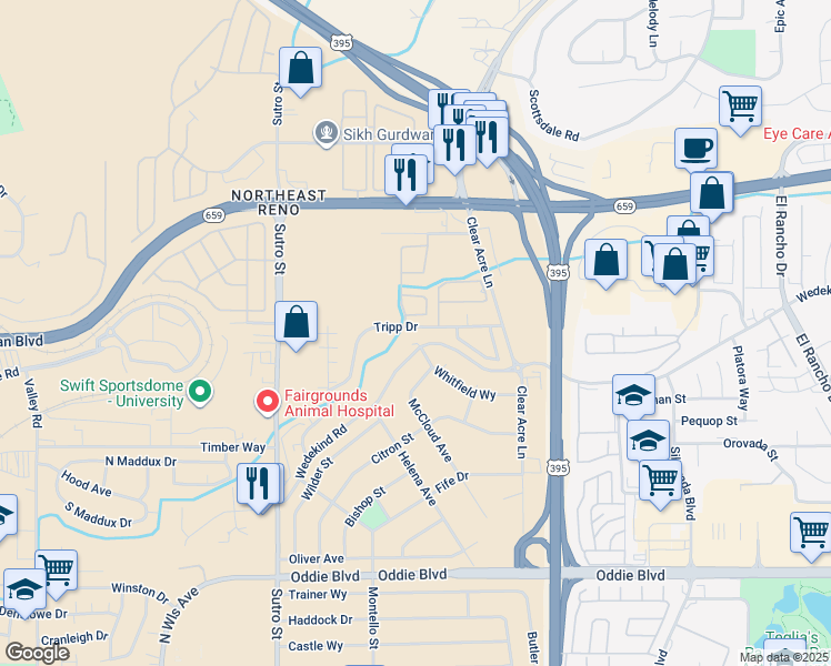 map of restaurants, bars, coffee shops, grocery stores, and more near 2520 Tripp Drive in Reno