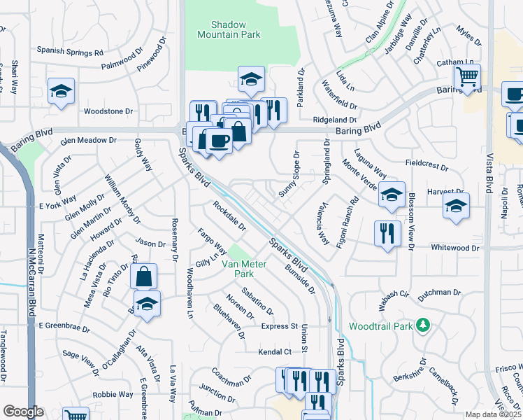 map of restaurants, bars, coffee shops, grocery stores, and more near 2415 Sycamore Glen Drive in Sparks