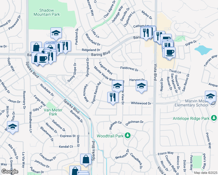 map of restaurants, bars, coffee shops, grocery stores, and more near 2334 Fernwood Court in Sparks