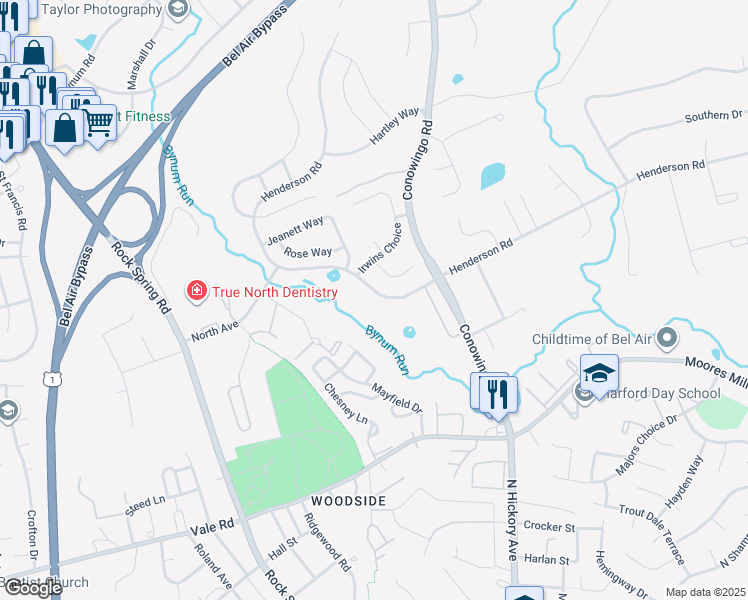 map of restaurants, bars, coffee shops, grocery stores, and more near 581 Henderson Road in Bel Air