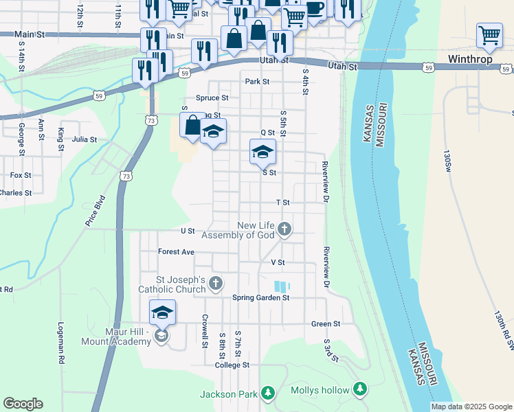 map of restaurants, bars, coffee shops, grocery stores, and more near 901 South 6th Street in Atchison