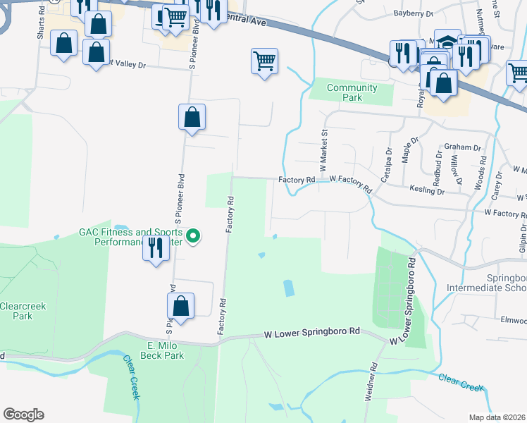 map of restaurants, bars, coffee shops, grocery stores, and more near 2787 Factory Road in Springboro