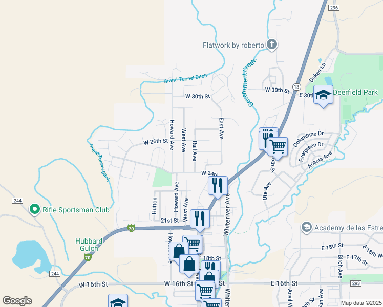 map of restaurants, bars, coffee shops, grocery stores, and more near 2415 Rail Avenue in Rifle