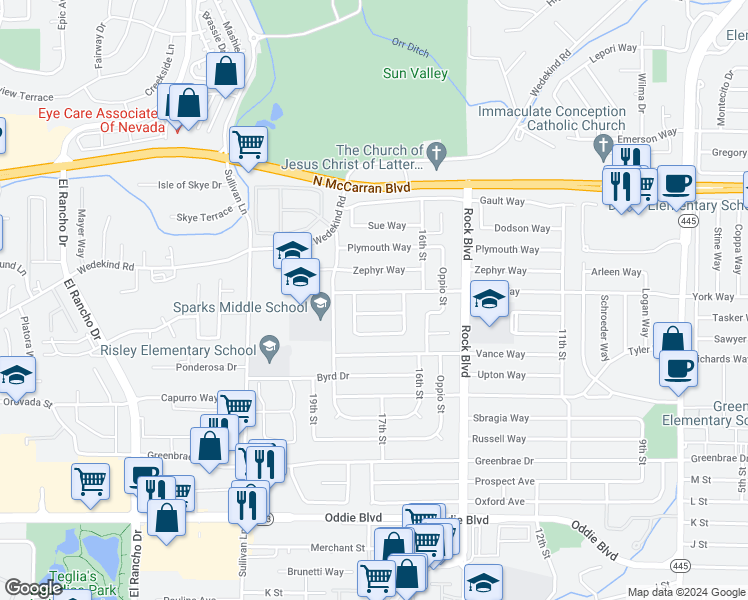 map of restaurants, bars, coffee shops, grocery stores, and more near 1727 York Way in Sparks