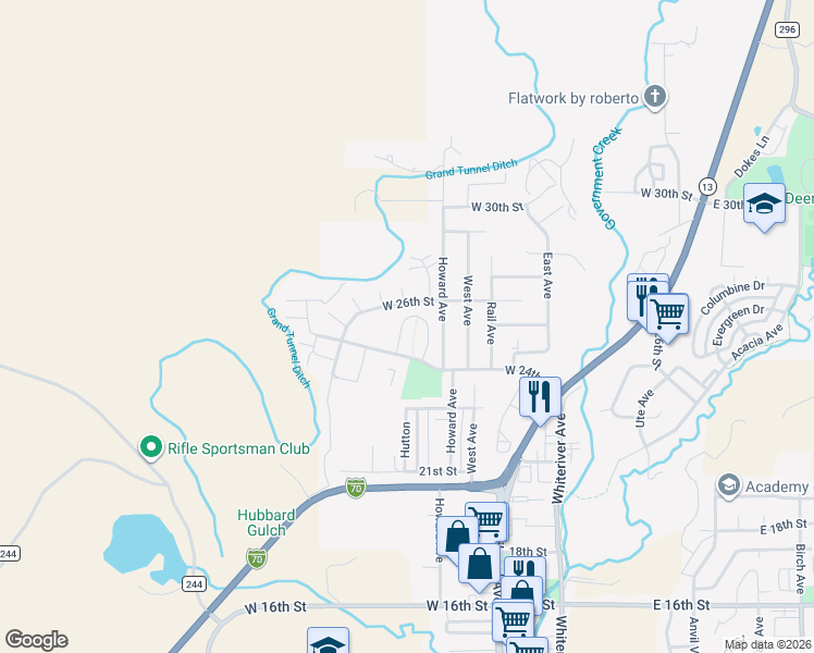 map of restaurants, bars, coffee shops, grocery stores, and more near 822 West 24th Street in Rifle