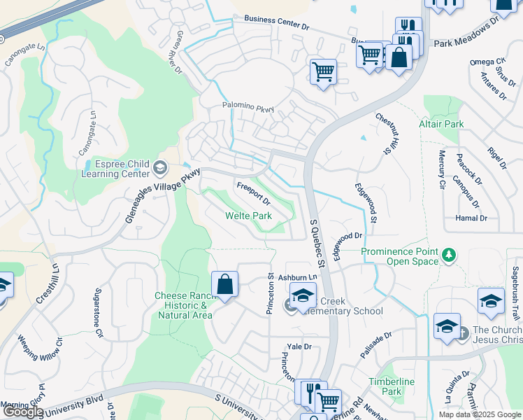 map of restaurants, bars, coffee shops, grocery stores, and more near 6385 Nassau Court in Littleton