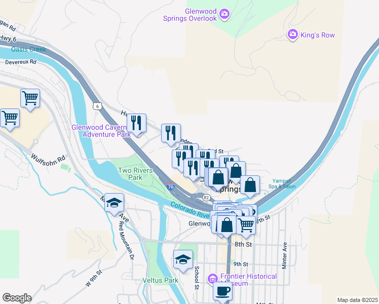 map of restaurants, bars, coffee shops, grocery stores, and more near 151 West 6th Street in Glenwood Springs