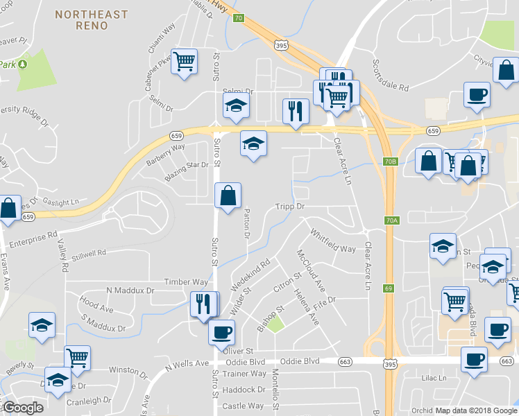 map of restaurants, bars, coffee shops, grocery stores, and more near 2315 Tripp Drive in Reno