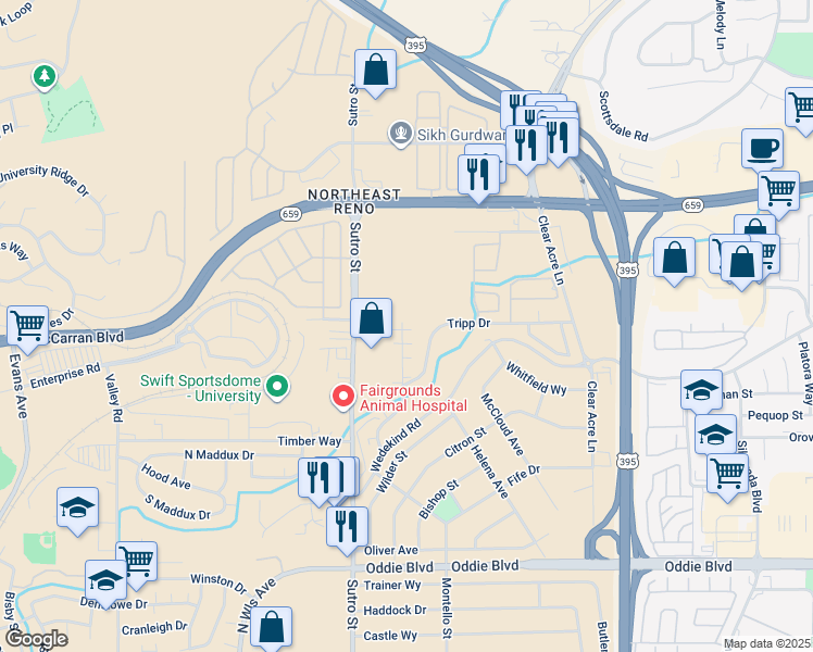 map of restaurants, bars, coffee shops, grocery stores, and more near 2315 Tripp Drive in Reno