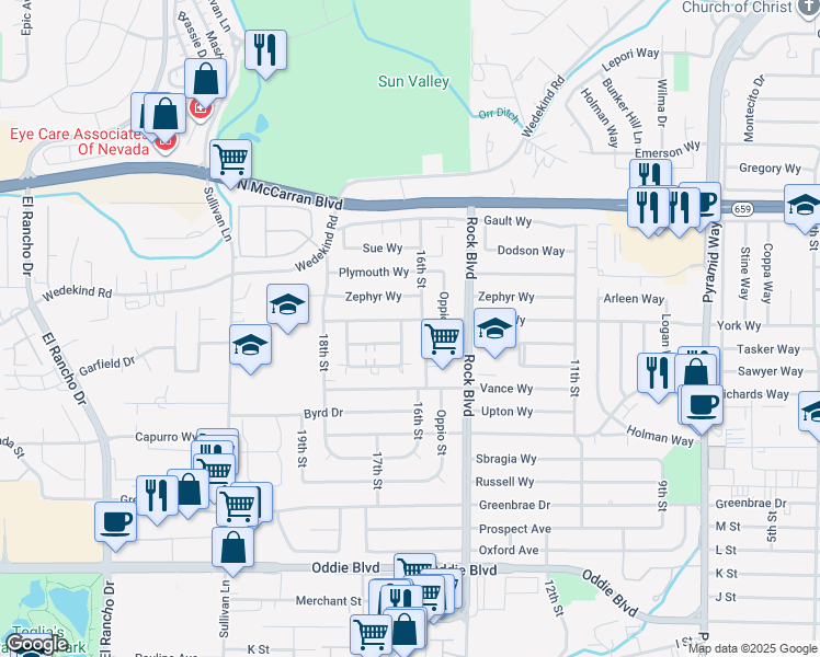 map of restaurants, bars, coffee shops, grocery stores, and more near 1633 London Circle in Sparks