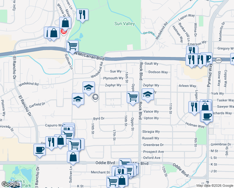 map of restaurants, bars, coffee shops, grocery stores, and more near 1633 London Circle in Sparks