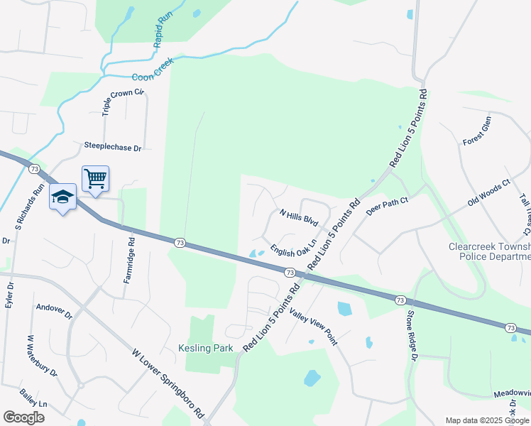 map of restaurants, bars, coffee shops, grocery stores, and more near 85 South Pond Court in Springboro
