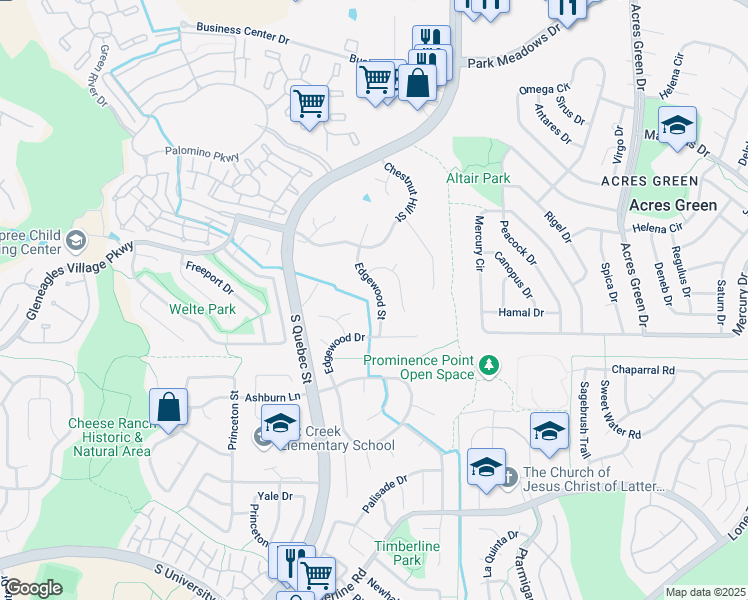 map of restaurants, bars, coffee shops, grocery stores, and more near 6928 Edgewood Court in Littleton