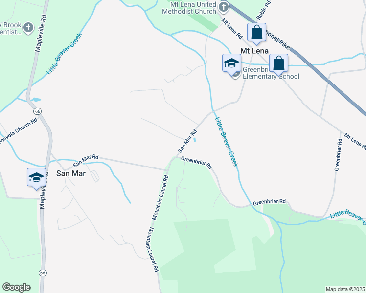 map of restaurants, bars, coffee shops, grocery stores, and more near San Mar Road in Boonsboro