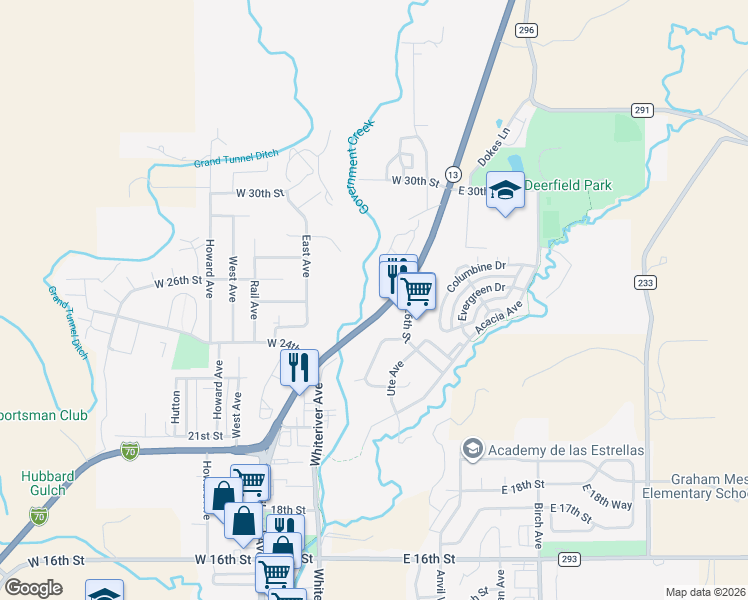map of restaurants, bars, coffee shops, grocery stores, and more near 169 West 26th Street in Rifle