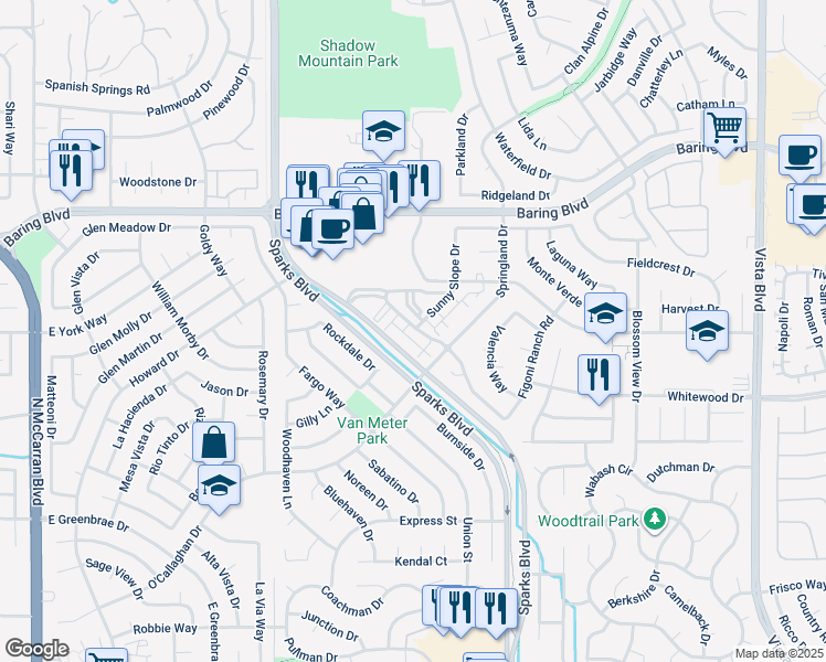 map of restaurants, bars, coffee shops, grocery stores, and more near 2415 Sunny Slope Drive in Sparks