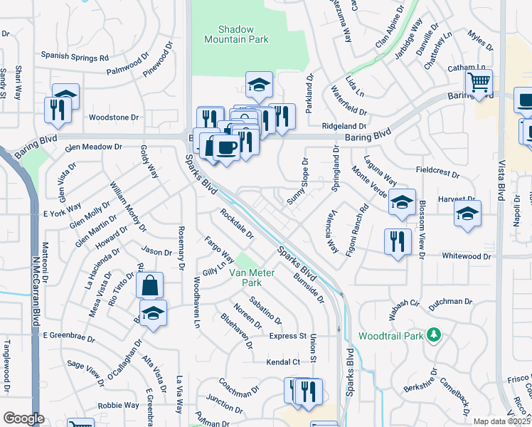 map of restaurants, bars, coffee shops, grocery stores, and more near 2415 Sunny Slope Drive in Sparks