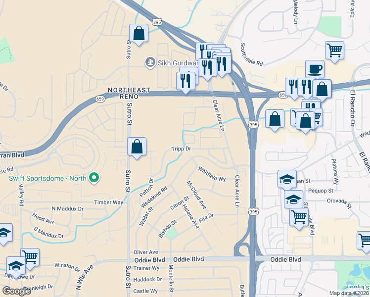 map of restaurants, bars, coffee shops, grocery stores, and more near 1548 Steelwood Lane in Reno
