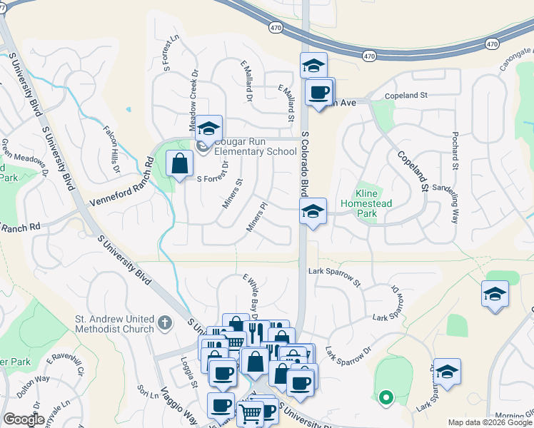 map of restaurants, bars, coffee shops, grocery stores, and more near 8903 Miners Place in Littleton