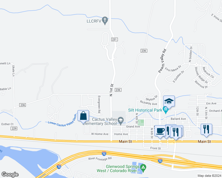 map of restaurants, bars, coffee shops, grocery stores, and more near 613 North 1st Street in Silt