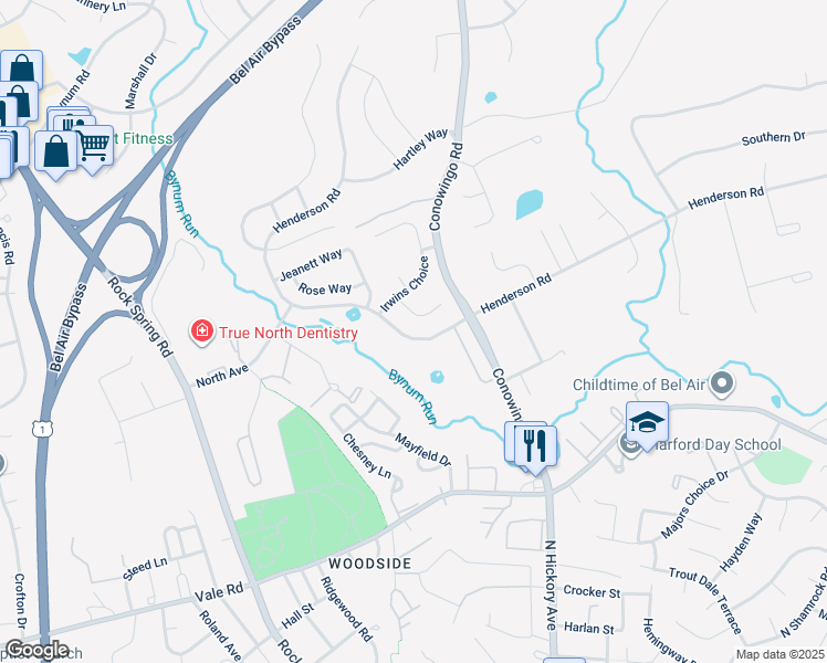 map of restaurants, bars, coffee shops, grocery stores, and more near 584 Henderson Road in Bel Air