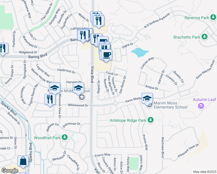 map of restaurants, bars, coffee shops, grocery stores, and more near 2428 Roman Drive in Sparks