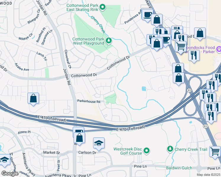 map of restaurants, bars, coffee shops, grocery stores, and more near 17358 Waterhouse Circle in Parker