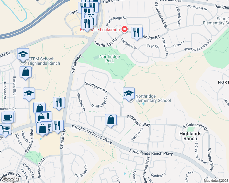 map of restaurants, bars, coffee shops, grocery stores, and more near 8953 Winrock Street in Littleton