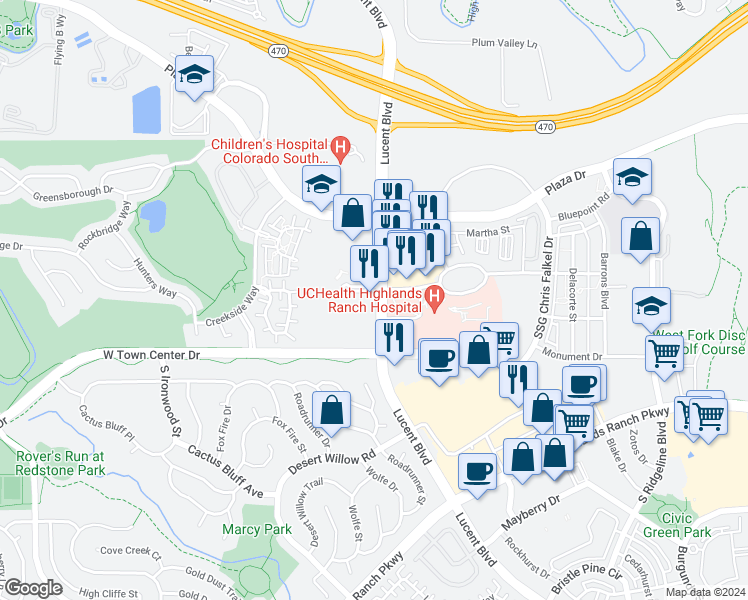 map of restaurants, bars, coffee shops, grocery stores, and more near 1744 Shea Center Drive in Highlands Ranch