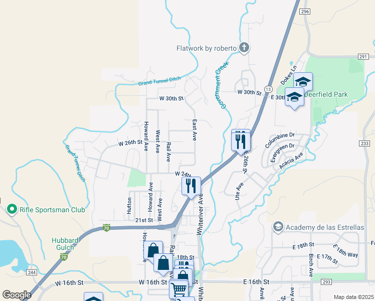 map of restaurants, bars, coffee shops, grocery stores, and more near 404 West 26th Street in Rifle