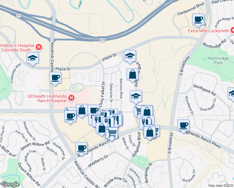 map of restaurants, bars, coffee shops, grocery stores, and more near 8950 Barrons Boulevard in Highlands Ranch