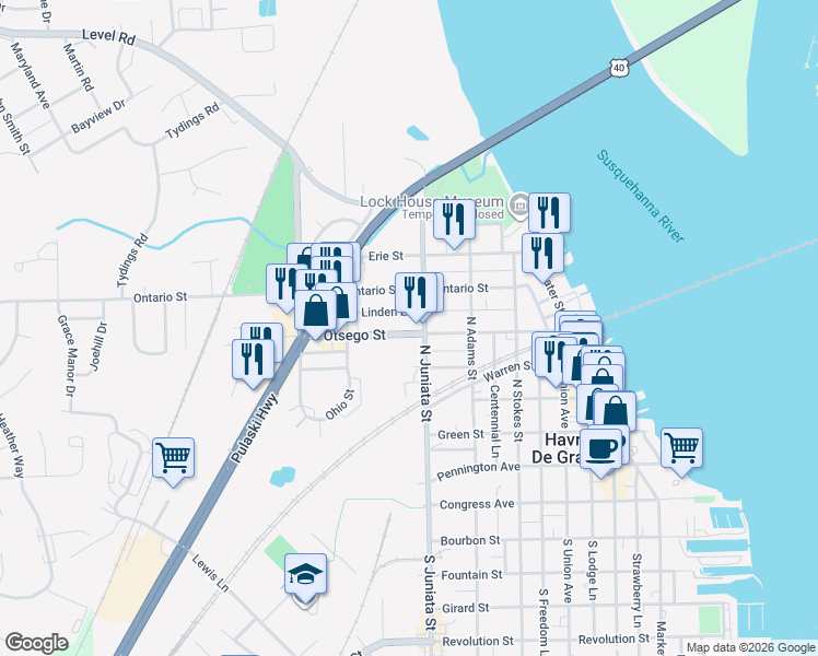 map of restaurants, bars, coffee shops, grocery stores, and more near 813 Otsego Street in Havre de Grace