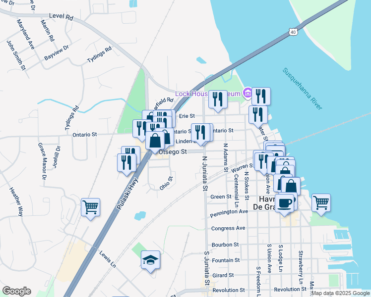 map of restaurants, bars, coffee shops, grocery stores, and more near 843 Otsego Street in Havre de Grace
