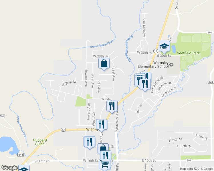 map of restaurants, bars, coffee shops, grocery stores, and more near 334 West 25th Street in Rifle