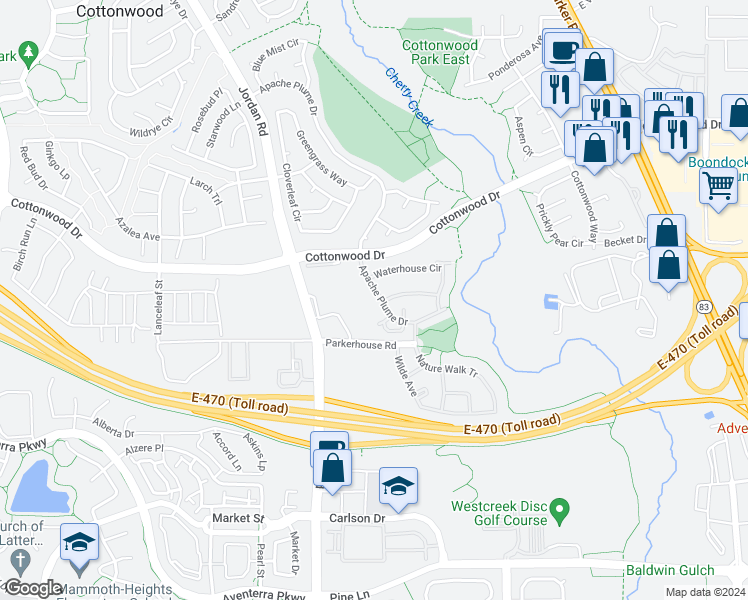 map of restaurants, bars, coffee shops, grocery stores, and more near 9007 Apache Plume Drive in Parker