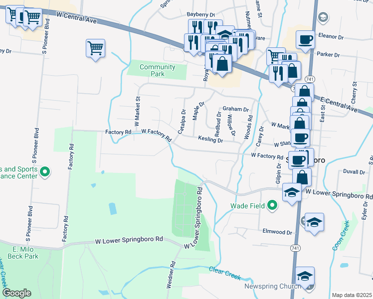 map of restaurants, bars, coffee shops, grocery stores, and more near 435 West Factory Road in Springboro