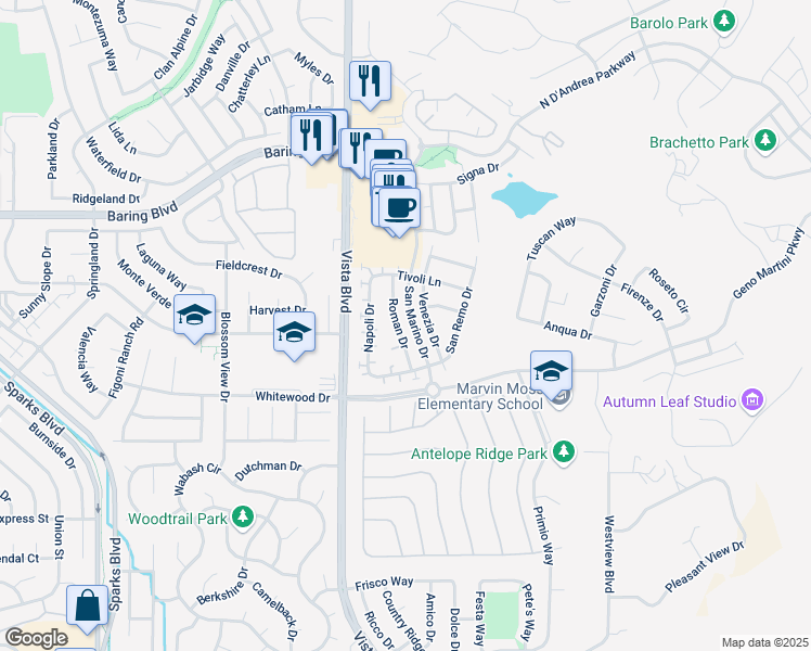 map of restaurants, bars, coffee shops, grocery stores, and more near 2515 Venezia Drive in Sparks